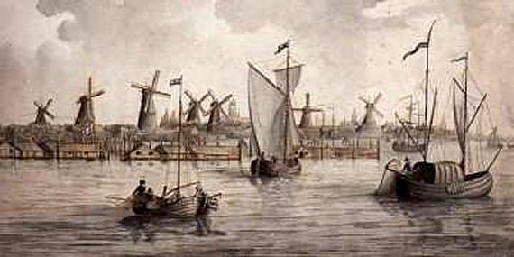 1, Molen 12042 De Eendracht (Dordrecht), Tek.: Joseph Hoffnung, ca. 1833.
De tekening is van Joseph Hoffnung en is waarschijnlijk gemaakt rond 1833. De molens zijn van links naar rechts: De Hoop, De Eendracht, De Kijck over den Dijck, Het Fortuin, De Goudvink, De Haas en De Reus Goliath. | Database Nederlandse molens media-bestand