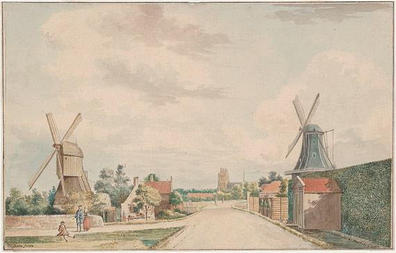 1, Molen 12061 De Kleine Wip (Dordrecht), Afb. coll. RAD nr 552_231860, links de Kleine Wip, rechts de Oranjeboom | Database Nederlandse molens media-bestand