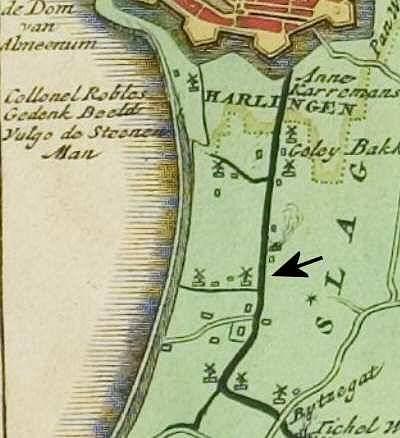 1, Molen 06648 i De Eendracht / Eendragt (Harlingen/ Harns), Atlas van Schotanus (1718), kaartfragment gemeente Barradeel | Database Nederlandse molens media-bestand