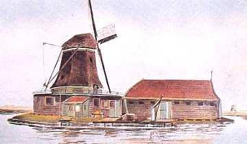 Molen 01108 b De Oude Wolf / De Gouden Wolf (Zaandam-Oost), Aquarel van Gerrit Mol | Database Nederlandse molens media-bestand