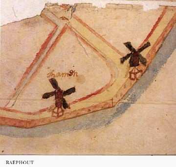 Molen 12054 De Hoogmoed / De Hoogmoet (Dordrecht), 1537, Collectie Hingman inv.nr. 1890B. Links Het Raephout, rechts De Hoogmoed | Database Nederlandse molens media-bestand