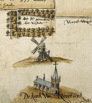 Molen 07255 Zuidmolen (Noordwijk), fragment van kaart van Jan Potter, 1566, Nationaal Archief, inv.nr 2307, coll Hingman | Database Nederlandse molens media-bestand