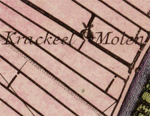 Molen 03611 i Krakeelpolder / Hoge Abtswoudsche Polder (Delft), Kaartfragment Cruquius 1712 | Database Nederlandse molens media-bestand