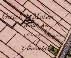 Molen 01262 c Lage Abtswoudsche Polder, De Galgmolen (Delft), Kaartfragment Cruquius 1712 | Database Nederlandse molens media-bestand