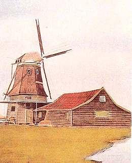 Molen 06394 e De Olievos (Zaandam-West), Tek: aquarel van Gerrit Mol | Database Nederlandse molens media-bestand