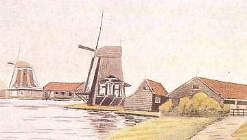 Molen 01106 p De Rietvink (Wormer), Aquarel: G. Mol, verzameling F. Rol | Database Nederlandse molens media-bestand