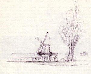 Molen 01922 h De Vriendschap (Rotterdam, stadsdeel Hillegersberg-Schiebroek), Tekening: collectie P.Schiereck, tekening van molenaarsknecht | Database Nederlandse molens media-bestand