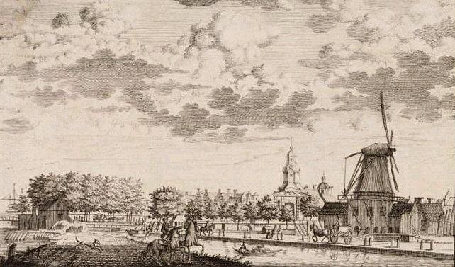 1, Molen 06491 l Het Friesche Wapen / Het Vriesche Wapen / Het Vriese Wapen (Amsterdam), Ets van L. Punt 1774 | Database Nederlandse molens media-bestand