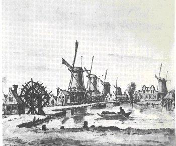 Molen 06493 x De Geelvink / De Vink (Amsterdam), Molens aan de Mennonietensloot, tekening van Gerrit Lamberts, 1817.De Vink helemaal links. | Database Nederlandse molens media-bestand