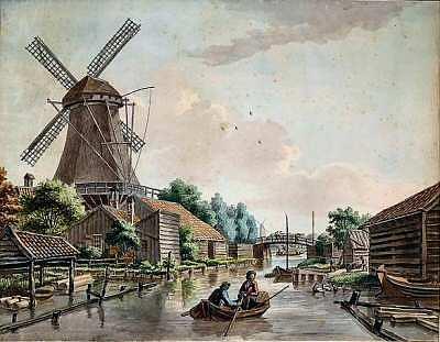 3, Molen 06493 x De Geelvink / De Vink (Amsterdam), 4. De sloot evenwijdig aan de Mennonietenwetering. Tekening: J. van Leeuwen, 1816 (bron: GAA) | Database Nederlandse molens media-bestand