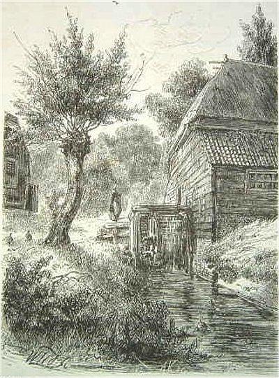 Molen 11394 Onderste molen op het Loo (Apeldoorn), Tekening van W.Hekking Jr., gravure van A. Knut | Database Nederlandse molens media-bestand