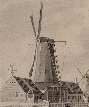 Molen 06651 o De David / De Koning David (Alkmaar), H. Tavenier, 1787, detail onderstaande prent, de molen op de voorgrond | Database Nederlandse molens media-bestand