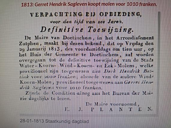 3, Molen 03123 b Molen van Sagleven (Doetinchem), 1813, Verpachting aan Gerret Sagleven | Database Nederlandse molens media-bestand