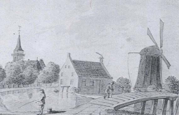 Molen 07928 Rosmolen bij de Om te Leven (Harmelen), Ets, rond 1760 Rosmolen met grondzeilercollectie M. Ekelschot | Database Nederlandse molens media-bestand