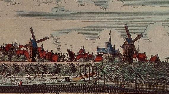 2, Molen 03195 j Noordermolen, hoek Molensteeg (Franeker/ Frjentsjer), atlas Schotanus, 1664, boventekening (detail), links deze molen, rechts 6948 | Database Nederlandse molens media-bestand