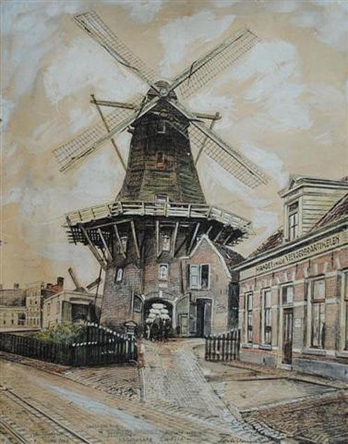 3, Molen 01838 l De Beltmolen van Marsman (Zwolle), Tekening van Jan Wilmink, zo te zien nagetekend van foto nr 1 | Database Nederlandse molens media-bestand