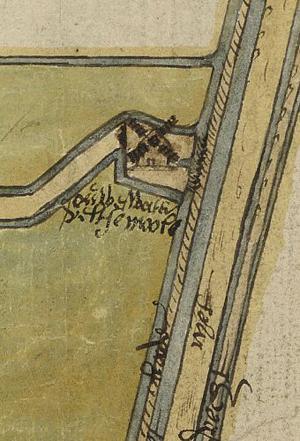 Molen 06498 t Oud Wateringveldsepolder (Wateringen), fragment kaart 1586, Nationaal Archief, archiefnr 2401, coll. Hingman | Database Nederlandse molens media-bestand
