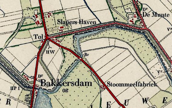 1, Molen 03327 d Molen Wijffels (St. Kruis), fragment kaart rond 1918, rechts van Bakkersdam, de stoommeelfabriek | Database Nederlandse molens media-bestand