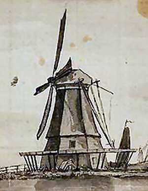 Molen 06491 e Stadsvuilwatermolen (1) (Amsterdam), deel tekening J. Goll van Frankenstein, ca 1775, coll. Theo Bakker | Database Nederlandse molens media-bestand