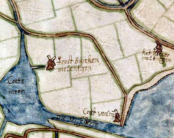 1, Molen 07098 Cost Verloren molen (Egmond aan den Hoef), Kaart van Dirk Gerritsz. Langendijk, 1541 | Database Nederlandse molens media-bestand