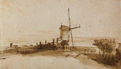 2, Molen 06491 d De Bok voorganger (Amsterdam), Tekening van Rembrandt, De molen op het Blauwhoofd | Database Nederlandse molens media-bestand