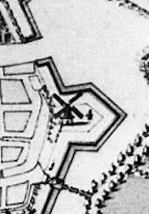 Molen 07989 d' Ouwe Agtkant 2e positie / De Rooseboom (Weesp), Detail van ondergenoemde kaart, 1726 (N is links) | Database Nederlandse molens media-bestand