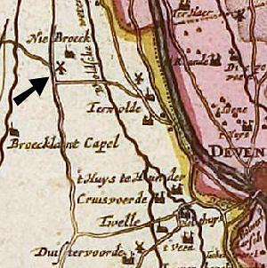 Molen 08040 Molen Schrijver (voorganger) (Nijbroek), fragment kaart: Ambt Voorst Claes Jansz Visscher 1652 noord | Database Nederlandse molens media-bestand
