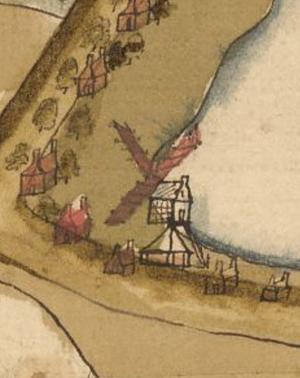 Molen 17107 Molen van Heerjansdam (1e + 2e) (Barendrecht), uitsnede van Kaart van het oude- en nieuwe land van Barendrecht, 17e eeuw  | Database Nederlandse molens media-bestand