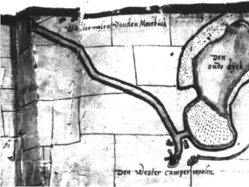 1, Molen 00353 Westerkamperpolder ('t Veld), Detail kaart Gerrit Dirksz Langedijk, 1611, met watergang van of naar de Slikvenpolder | Database Nederlandse molens media-bestand