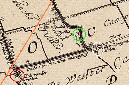 2, Molen 00353 Westerkamperpolder ('t Veld), Detail kaart J. Dou (aantek. J. van Lunsen), met oude watergang, lijn = grens van kaart van 1593 | Database Nederlandse molens media-bestand