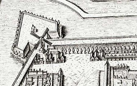 1, Molen 06951 De Monnik (1e) / De Munck (Alkmaar), Kaart van C. Drebbel, 1597: het noordwestelijke- of Munnikenbolwerk | Database Nederlandse molens media-bestand
