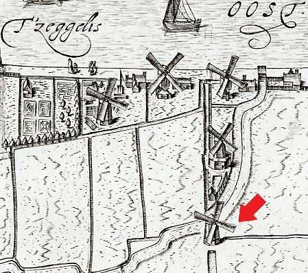 1, Molen 06952 Polder Overdie (Alkmaar), Kaartfragment van C. Drebbel, 1597 | Database Nederlandse molens media-bestand