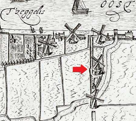 1, Molen 06651 c De volmolen van Van der Meij / De Karn (Alkmaar), Fragment kaart van C. Drebbel, 1597 | Database Nederlandse molens media-bestand