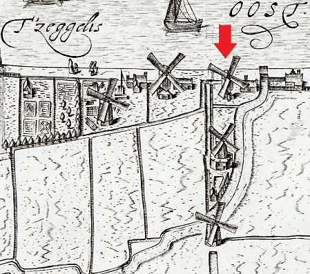 1, Molen 06651 a De Hercules (voorganger) (Alkmaar), Detail kaart C. Drebbel, 1597 | Database Nederlandse molens media-bestand