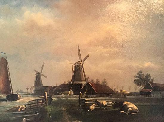 1, Molen 04146 d De Hoop (Alkmaar), Schilderij T.G.G.Fenenga (voorste molen; part. coll. Utrecht, foto mr. G.A.A. Conijn) | Database Nederlandse molens media-bestand