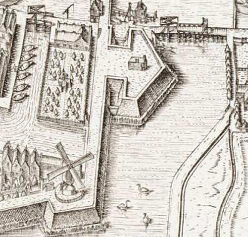 1, Molen 06966 Razijnemolen / Gaarzijnemolen (Alkmaar), Fragment van kaart van C. Drebbel, 1597Zuidoostelijk bolwerk met rechtsboven de Boompoort | Database Nederlandse molens media-bestand