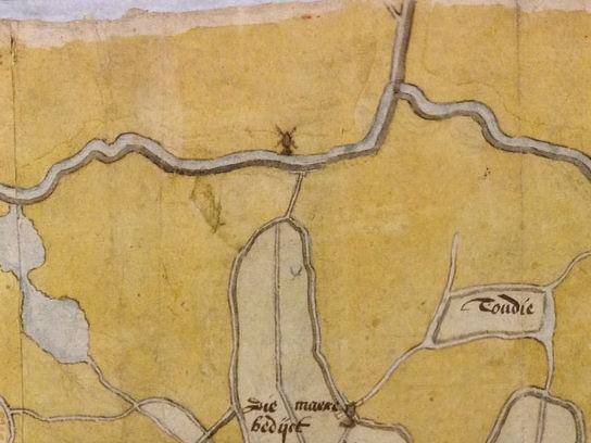 1, Molen 06977 Sluispolder, De Sluismolen voorganger (Koedijk), Detail kaart Laurens Pietersz., ca. 1573 (N is rechts) | Database Nederlandse molens media-bestand