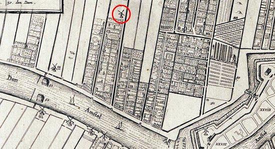 1, Molen 07235 De Achtkant (Amsterdam), Detail kaart Cornelis Danckerts, 1651 | Database Nederlandse molens media-bestand