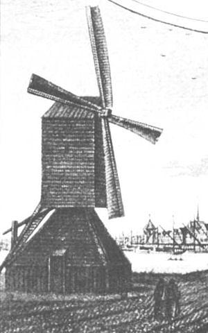 Molen 07247 Molen buiten de Haarlemmerpoort (bij de Herenmarkt) (2) (Amsterdam), detail uit onderstaande tekening ca 1544 | Database Nederlandse molens media-bestand