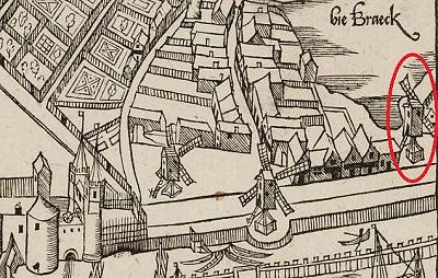 1, Molen 07248 Molen buiten de Haarlemmerpoort (bij de Herenmarkt) (3) (Amsterdam), Cornelis Anthonisz., 1544, detail, de gemarkeerde molen | Database Nederlandse molens media-bestand