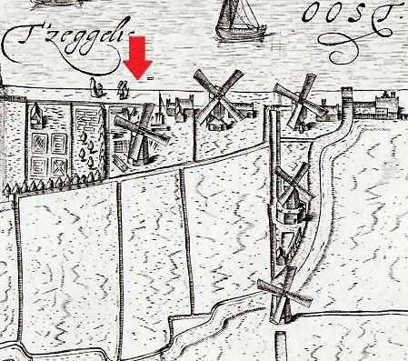 1, Molen 06651 d De Phenix (1e plaats) (Alkmaar), Detail kaart C. Drebbel, 1597 | Database Nederlandse molens media-bestand