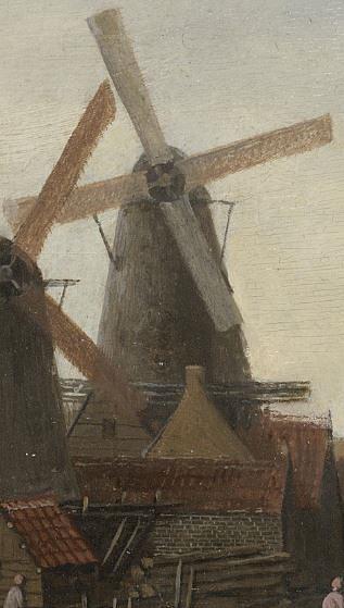 1, Molen 06651 b De Hercules (Alkmaar), de molen op de achtergrond, NN, ca. 1695, Stedelijk Museum Alkmaar inv. nr. 020001, detail | Database Nederlandse molens media-bestand