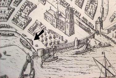 1, Molen 07350 Kraan Rodermond / Craen Rodermondt (Dordrecht), 2) Detail plattegrond van Braun en Hogenberg uit ca. 1575 | Database Nederlandse molens media-bestand
