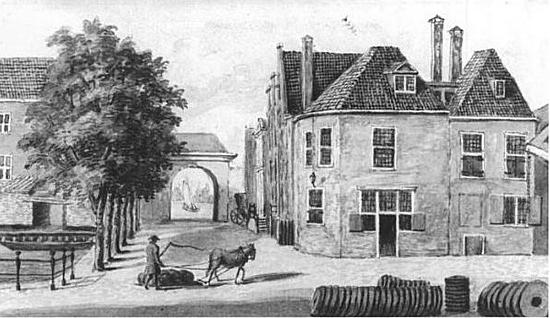 2, Molen 07350 Kraan Rodermond / Craen Rodermondt (Dordrecht), Aquarel van Holaart 1774, met molenstenen rechtsonder | Database Nederlandse molens media-bestand