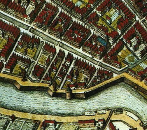 1, Molen 07380 De Wip (?) (Gouda), fragment van kaart van J. Blaeude molen staat hier rechts van de voorganger van De Roode Leeuw | Database Nederlandse molens media-bestand