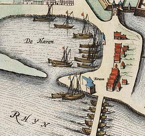 Molen 09083 De Nieuwe Kraan (Arnhem), fragment kaart 1657 Johan Blaeu | Database Nederlandse molens media-bestand