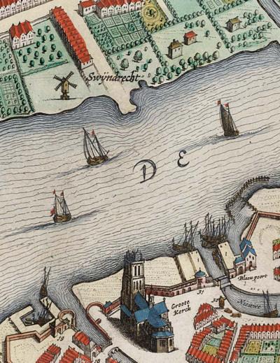 1, Molen 07607 De Veersche Meulen (Zwijndrecht), fragment stadskaart Dordrecht van Joh. Blaeu, 1649 | Database Nederlandse molens media-bestand