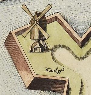 Molen 04432 n De Walmolen (Harderwijk), Joan Blaeu 1649, reproductie in atlas De Wit 1698, detail | Database Nederlandse molens media-bestand