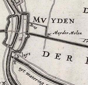 Molen 00814 d Noordpolder beoosten Muiden, Muydermolen (Muiden), Detail kaart J.J. Dou, St. van Brouckhuijsen, 1647 | Database Nederlandse molens media-bestand