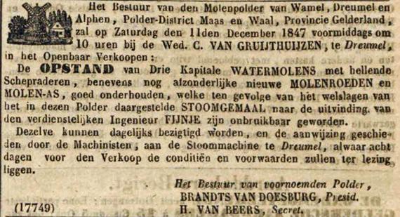 1, Molen 06907 f Molenpolder, De Oudendijkse molen (Dreumel), Algemeen Handelsblad, 26 nov. 1847 | Database Nederlandse molens media-bestand